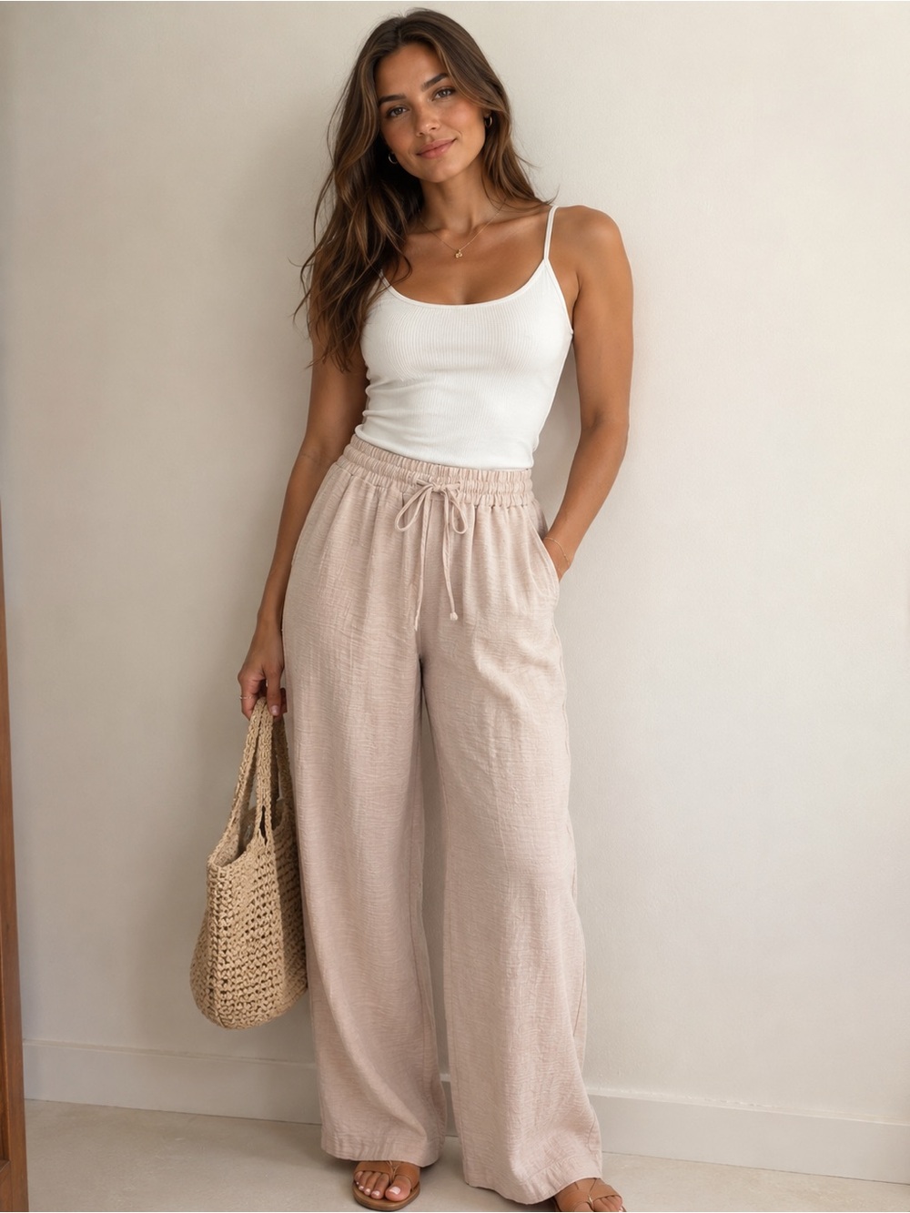 Zenana Wide-Leg Drawstring - Soft Beige Pants